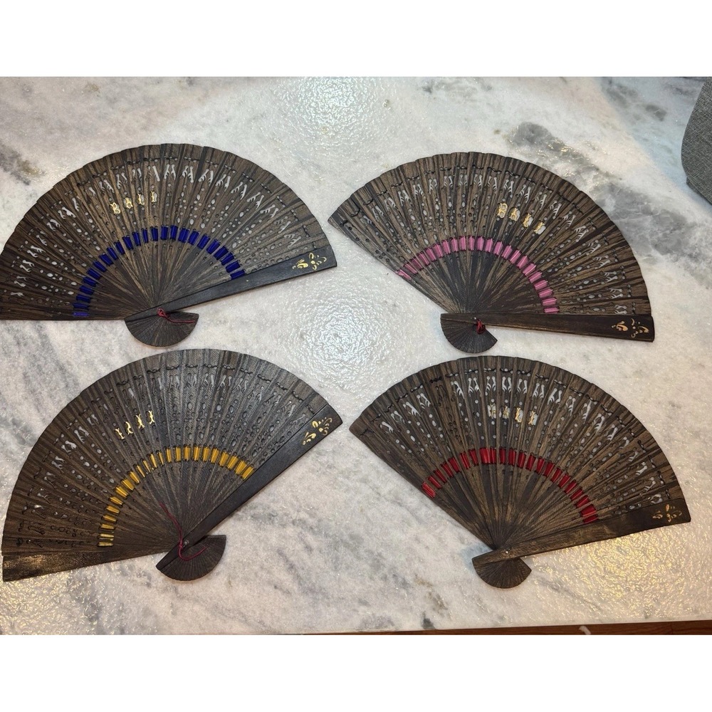 Set of 4 Balinese Hand Carved Wooden‎ Folding Fans Vintage Bali Decor Multicolor